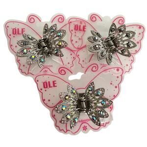 3 NWT Silver Metal & Swarovski Crystal Flower Hair Claw Clips 1.75" x 2"